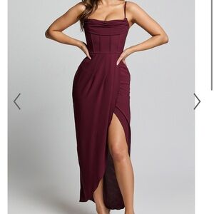 Shop Andria midi  Hi-lo rise corset dress, dark wine red color